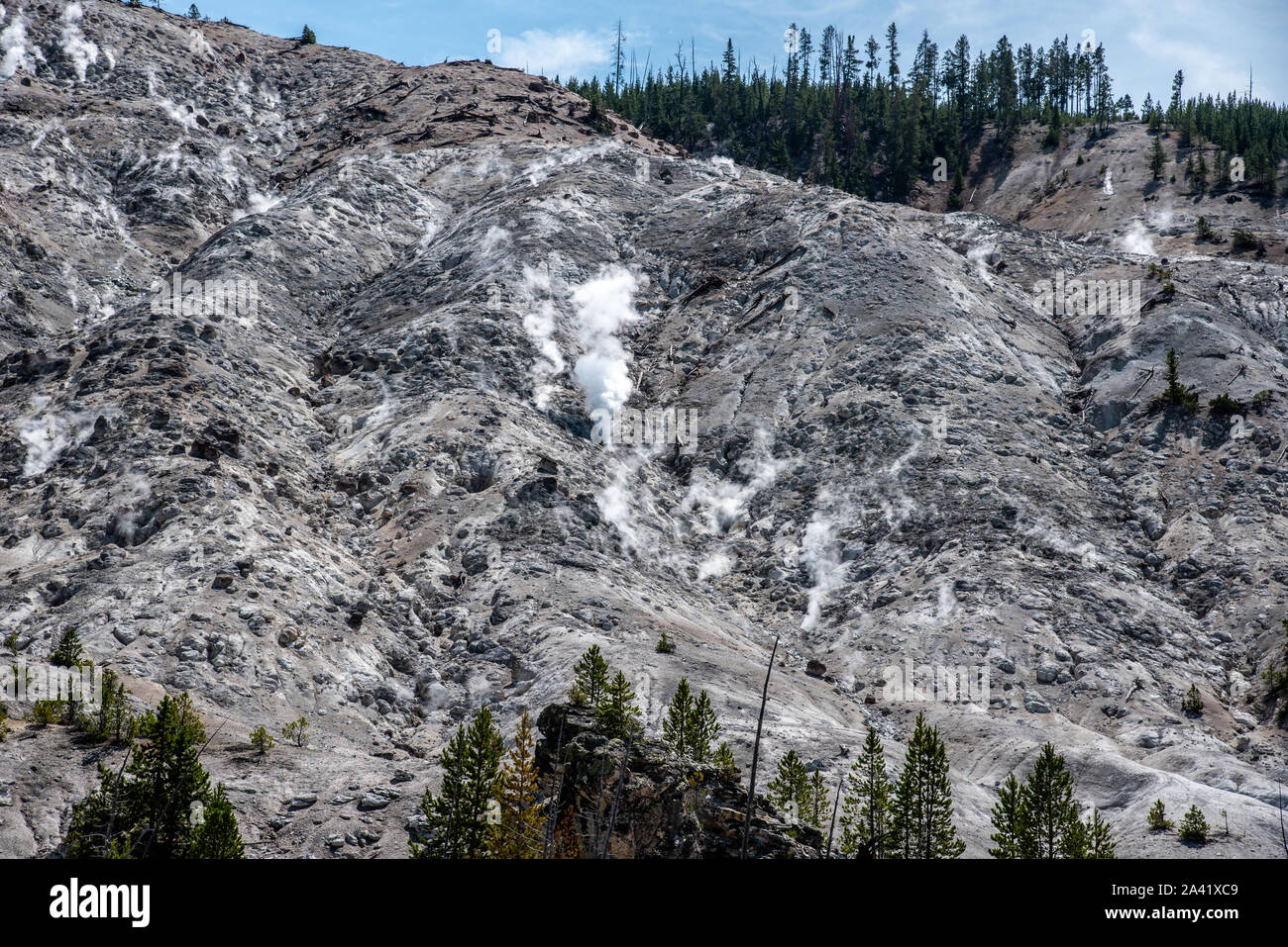 Dampfende Fumarolen am prasselnden Berge in Yellowstone Stockfoto