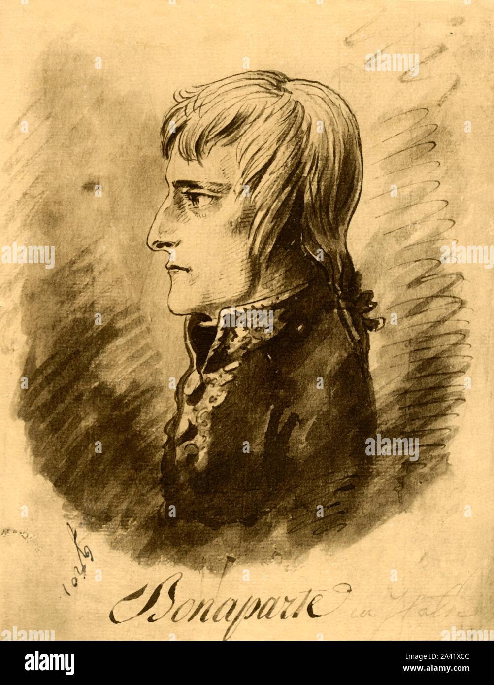 Napoleons in Italien, 1796, (1921). "Bonaparte en Italie'. Porträt von Napoleon Bonaparte (1769-1821), als er in der Commander-in-Chief der Italienischen Armee, (Teil der französischen Armee). Er eroberte die Italienische Halbinsel in einem Jahr. Feder und Tinte Zeichnung von Antoine-Jean Gros. Von "Napoleon" von Raymond Guyot. [H. Mehlig, Paris, 1921] Stockfoto