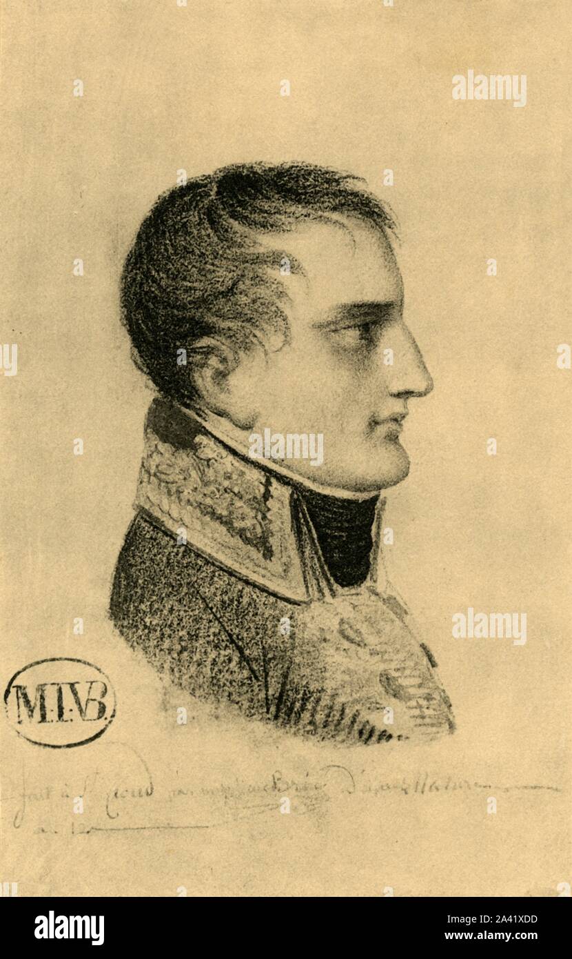 Napoleon als Erster Konsul, 1803 oder 1804, (1921). 'Profil du Premier Consul' - Profil Porträt von Napoleon Bonaparte (1769-1821). Zeichnung in Buntstift, aus dem Leben von Mathieu Ven Br gemacht&#xe9;e im Palast von Saint-Cloud, Frankreich. Von "Napoleon" von Raymond Guyot, [H. Mehlig, Paris, 1921] Stockfoto