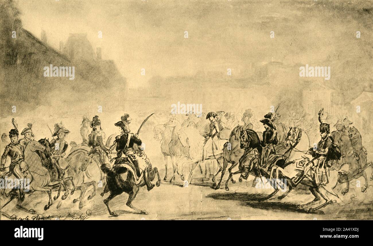 "Revue du Quintidi", 1800 oder 1801, (1921). Ersten Konsul Napoléon Bonaparte (1769-1821) nimmt Teil an einer militärischen Überprüfung auf der Place du Carrousel in Paris. Die Quintidi war der fünfte Tag des Jahrzehnts (10-Tage Woche) in der französischen republikanischen Kalender. Die Quintidi Überprüfung konnten alle 10 Tage statt. Skizze in Stift und Waschen von Carle Vernet und Jean-Baptiste Isabey. Von "Napoleon" von Raymond Guyot, [H. Mehlig, Paris, 1921] Stockfoto