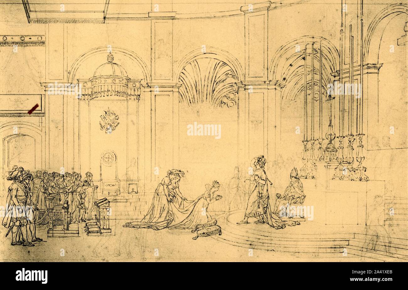 Skizze für "die Krönung Napoleons', c 1807, (1921). 'Le Couronnement de l'Empereur". Vorbereitende Studie für ein Gemälde der Krönung von Kaiser Napoleon I (1769-1821), der am Sonntag, den 2. Dezember 1804 fand in der Kathedrale von Notre-Dame in Paris. Napoleon krönt sich selbst als Josephine vor ihm kniet, Hände in einer Geste des Gebets. "Le Sacre de NapoléAuf' von Jacques-Louis David, der offiziellen Maler von Napoleon, wurde 1807 abgeschlossen. Von "Napoleon" von Raymond Guyot, [H. Mehlig, Paris, 1921] Stockfoto