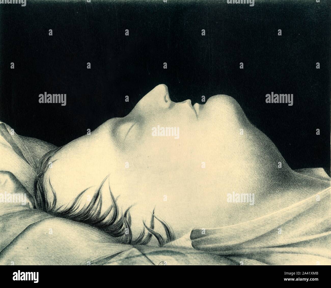 Napoleon auf dem Sterbebett, 1821, (1921). Porträt des ehemaligen französischen Kaiser Napoleon Bonaparte (1769-1821) im Exil auf der Insel St. Helena im Südatlantik starb am 5. Mai 1821. Am nächsten Tag, Kapitän Denzil Ibbetson kam in Longwood House den Körper Skizze ist es Autopsie erwartet. Er gab das fertige Gemälde zur letzten Napoleons Rivale, St Helena Gouverneur Sir Hudson Lowe, die wiederum gab es an König Georg IV., als Nachweis (in der Zeit vor der Fotografie) von Napoleons Tod. Lithographie, 1855 von John Gibbs, nach Ibbetson veröffentlicht. Von "Napoleon" von Raymond Guyot, [H. Mehl Stockfoto