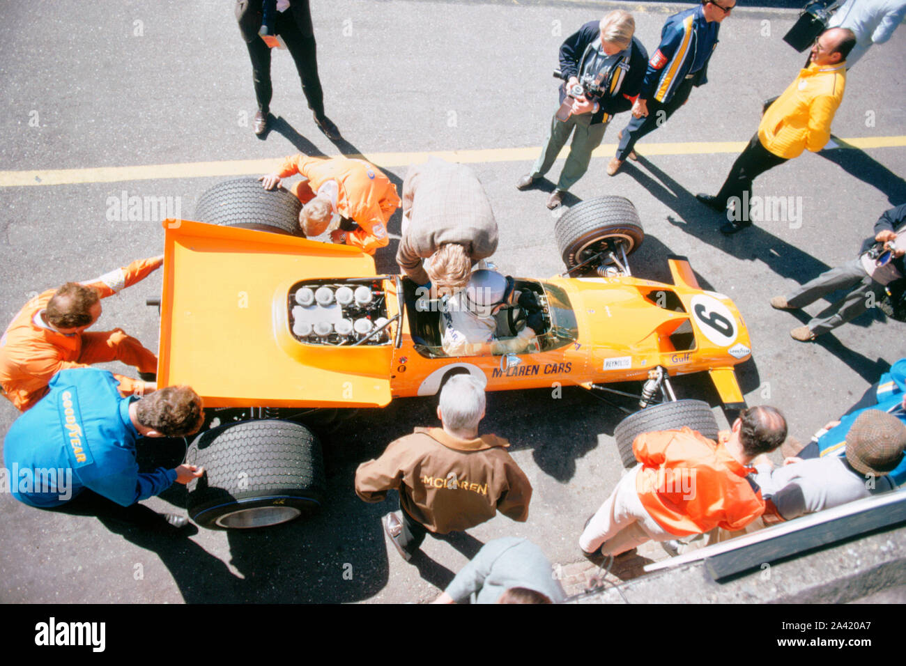 McLaren M74, Bruce McLaren 1969 britischen Grand Prix. Stockfoto