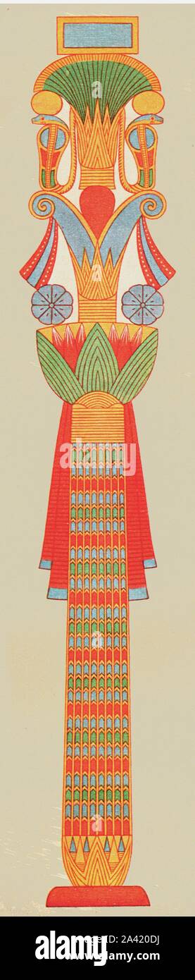 "Blumenstrauß" Kapital, Theben, Ägypten, (1928). O genannte Blumenstrauß Hauptstädte (Papyrus Cluster, Seerosen, nymphaea), wie auf die Wandmalereien dargestellt und aus Holz... 1120 v. Chr... aus dem thebanischen Grab von "Aichesi", der Priester, der Betriebsleiter der Altar und der Schriften der Tempel des Amun" aus der Zeit des Ramses IX (1142-1123 B.C). Wie der Name "Aichesi" offenbar mis wurde - Lesen, sollte es wahrscheinlich "Imisiba" werden, die den gleichen Titel hatte und lebte am Ende der 20. Dynastie (vielleicht unter Ramses X) und wurde in Theben" begraben. Nach Prisse D'Avennes. Plat Stockfoto
