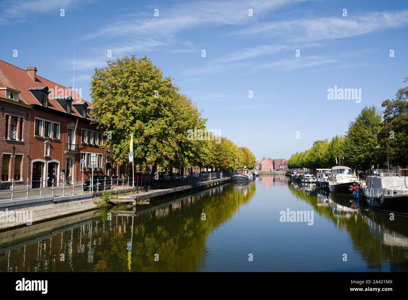Bäume beginnen zu herbstlichen Farben im September zu drehen sind in den Kanal in Brügge, Belgien nieder. Stockfoto