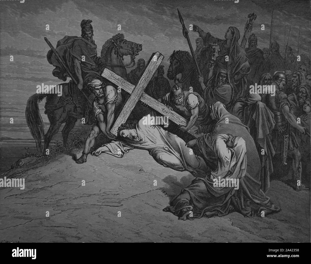 Passion Jesu. Die Ankunft am Kalvarienberg. (Lukas 23 28, 31). Gravur. Bibel Illustrationen von Gustave Dore. 19. Stockfoto