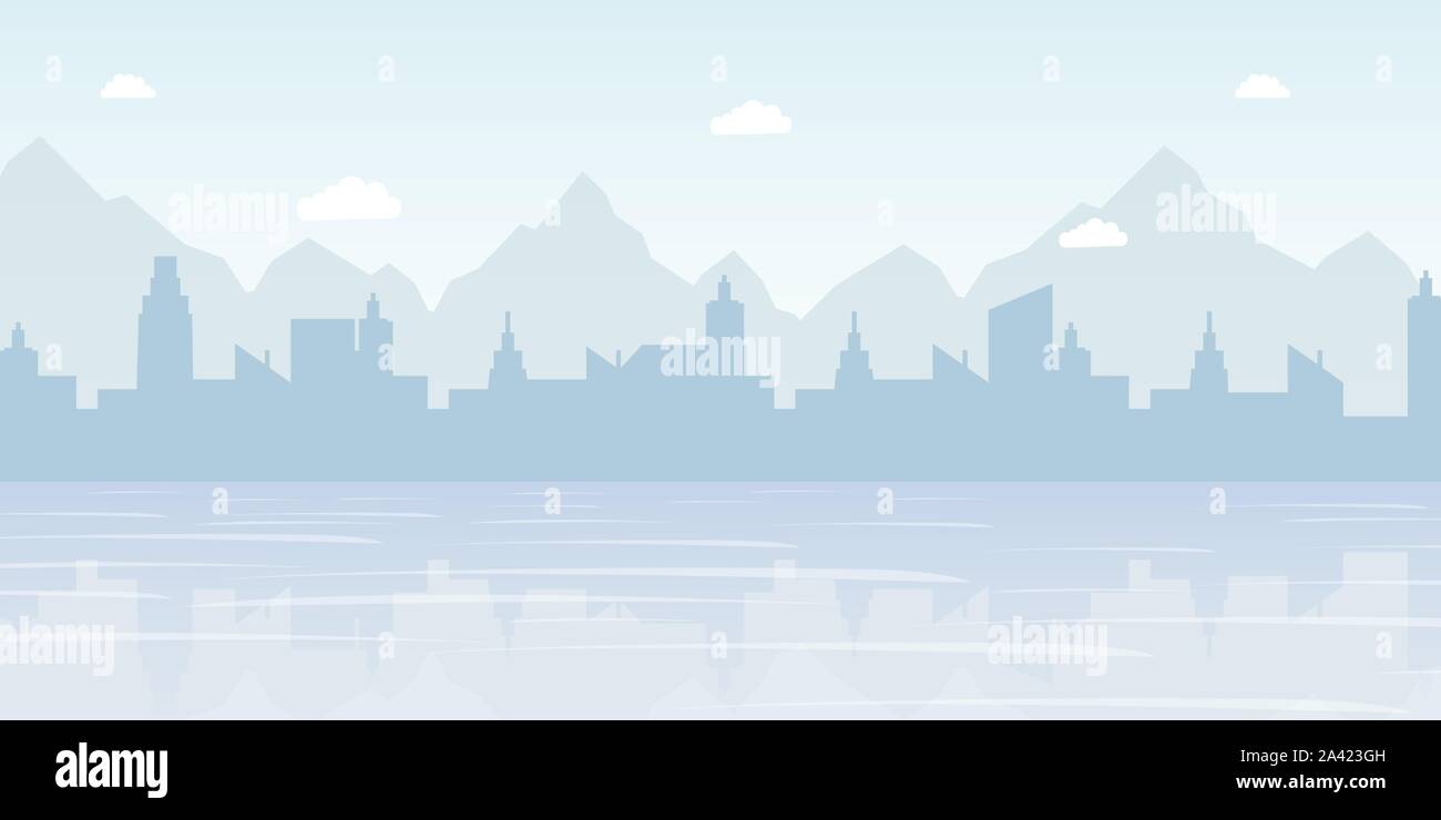 Misty Stadtbild panorama Flachbild Vector Illustration. Städtische Landschaft, moderne Metropole skyline dekorativen Hintergrund Konzept mit Copyspace. Malerische Küste, Gebäude und Berge Silhouette Stock Vektor