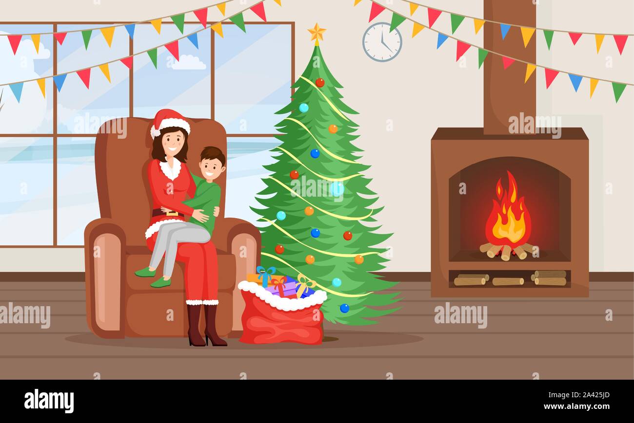 Weihnachten, Neujahr Traditionen Vector Illustration. Weibliche Santa Claus Kostüm, froh, junge warten vorhanden Zeichentrickfiguren. Winterurlaub Stimmung, Tannenbaum, Geschenke Sack, Kind Stock Vektor