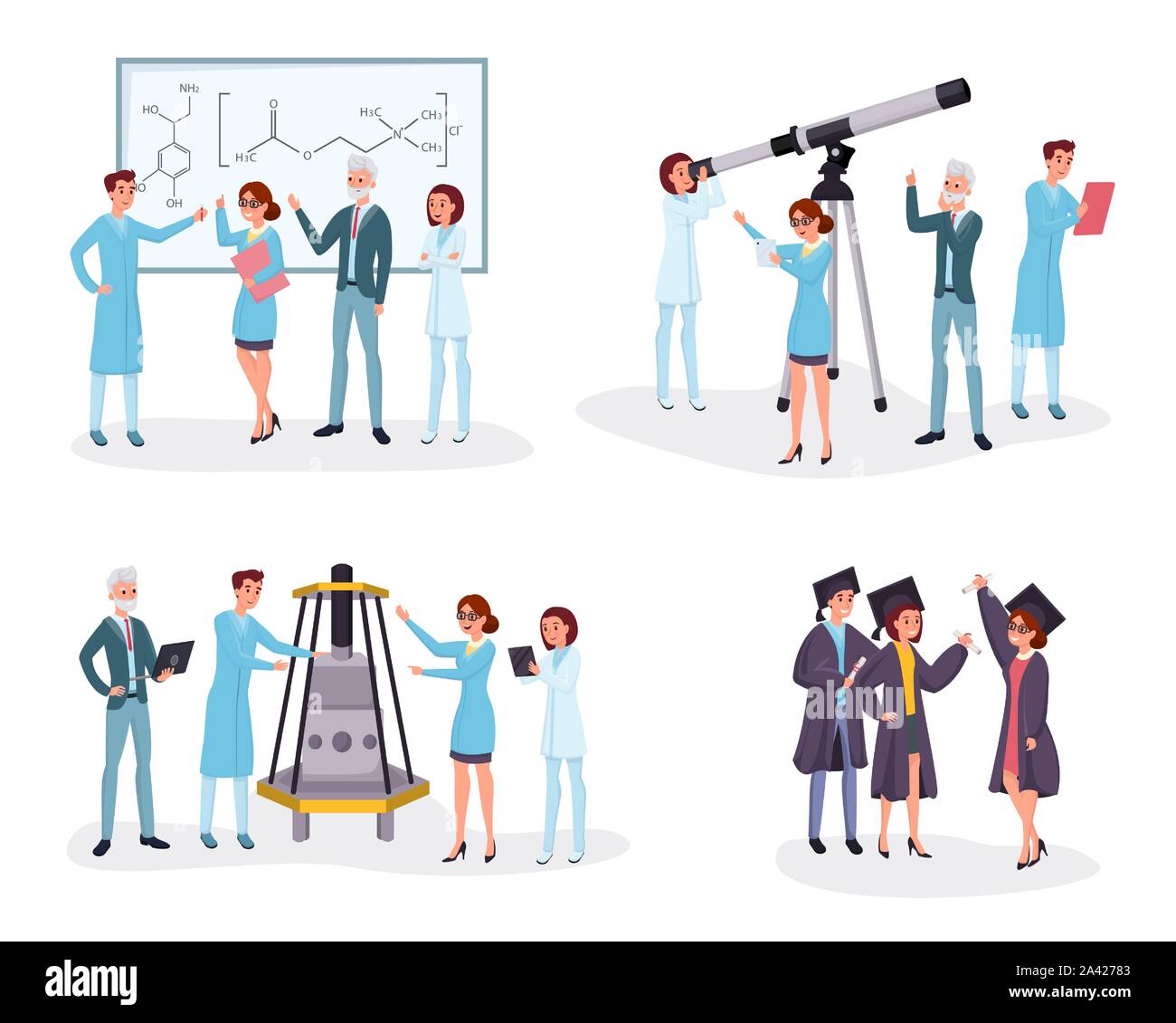 Wissenschaftler und Absolventen flachbild Illustrationen. Studenten, Chemiker, Astronomen und Techniker team Zeichentrickfiguren. Professionelle Wissenschaft und akademische Ausbildung Konzept Design Elemente Stock Vektor