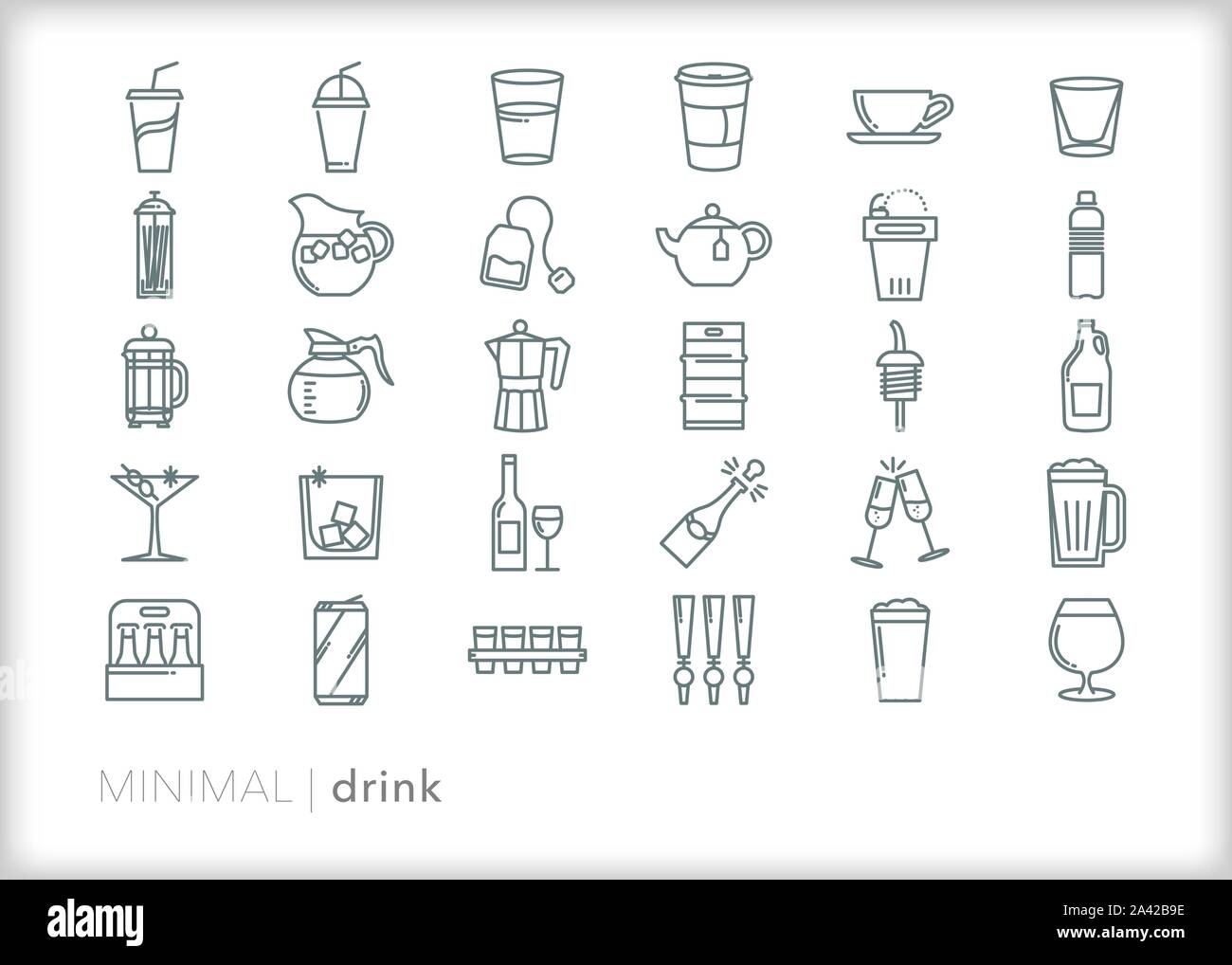 Set von 30 trinken Zeile für Symbole von Limo, Kaffee, Tee, Wasser, Limonade, Trinken, Bier, Cocktails, Wein und Champagner Stock Vektor
