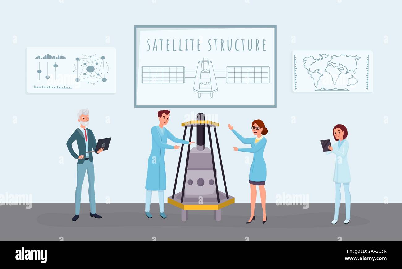 Platz Sat-bau Flachbild Vektorgrafiken. Professionelle Ingenieure, Wissenschaftler gemeinsam Zeichentrickfiguren. Telekommunikationsgeräte Entwicklung, Zusammenbau Stock Vektor