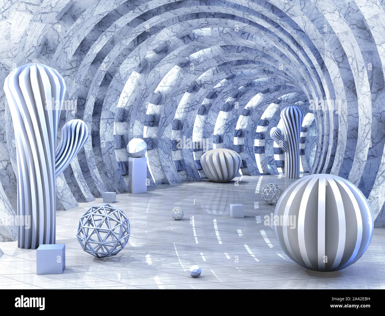 Runde Tunnel mit Licht mit 3D-Kugeln und fantastischen Formen löchrig Stockfoto