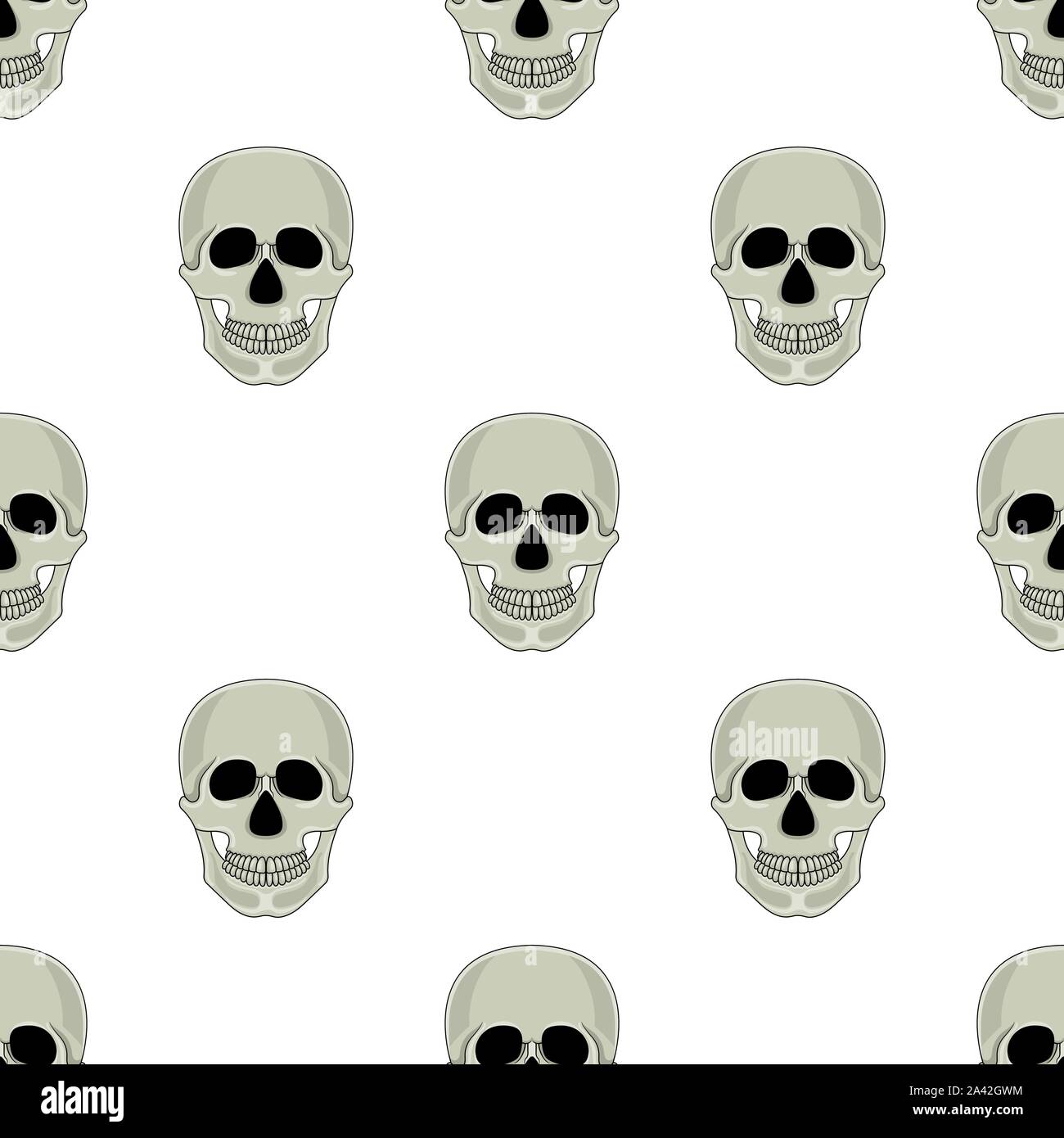 Nahtlose Muster mit dem Schädel auf weißem Hintergrund. Cartoon menschlicher Schädel mit Unterkiefer. Vector Illustration für Design, Web, Geschenkpapier, Stoff. Stock Vektor