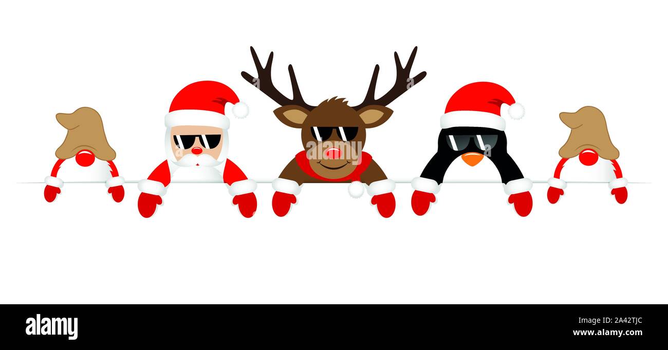 Cute Santa rentier Pinguin und Zwerge mit Sonnenbrille Weihnachten banner Vektor-illustration EPS 10. Stock Vektor