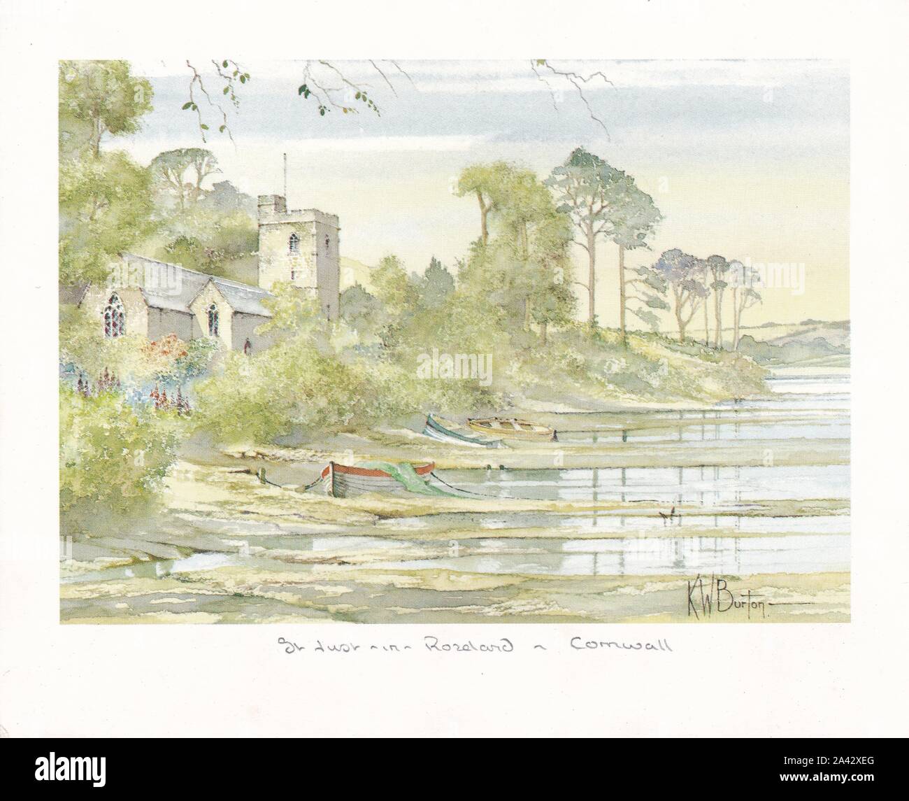 Aquarell von K. W. Burton von St. Just-in-Roseland, Cornwall. Stockfoto