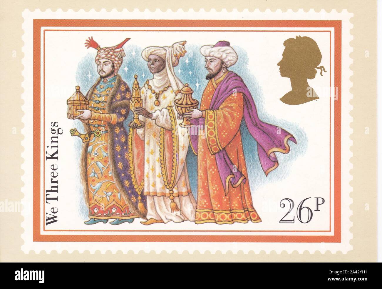 Farbe Royal Mail Postkarte von 26p Stempel Wir Drei Könige - Weihnachten 1982. Stockfoto