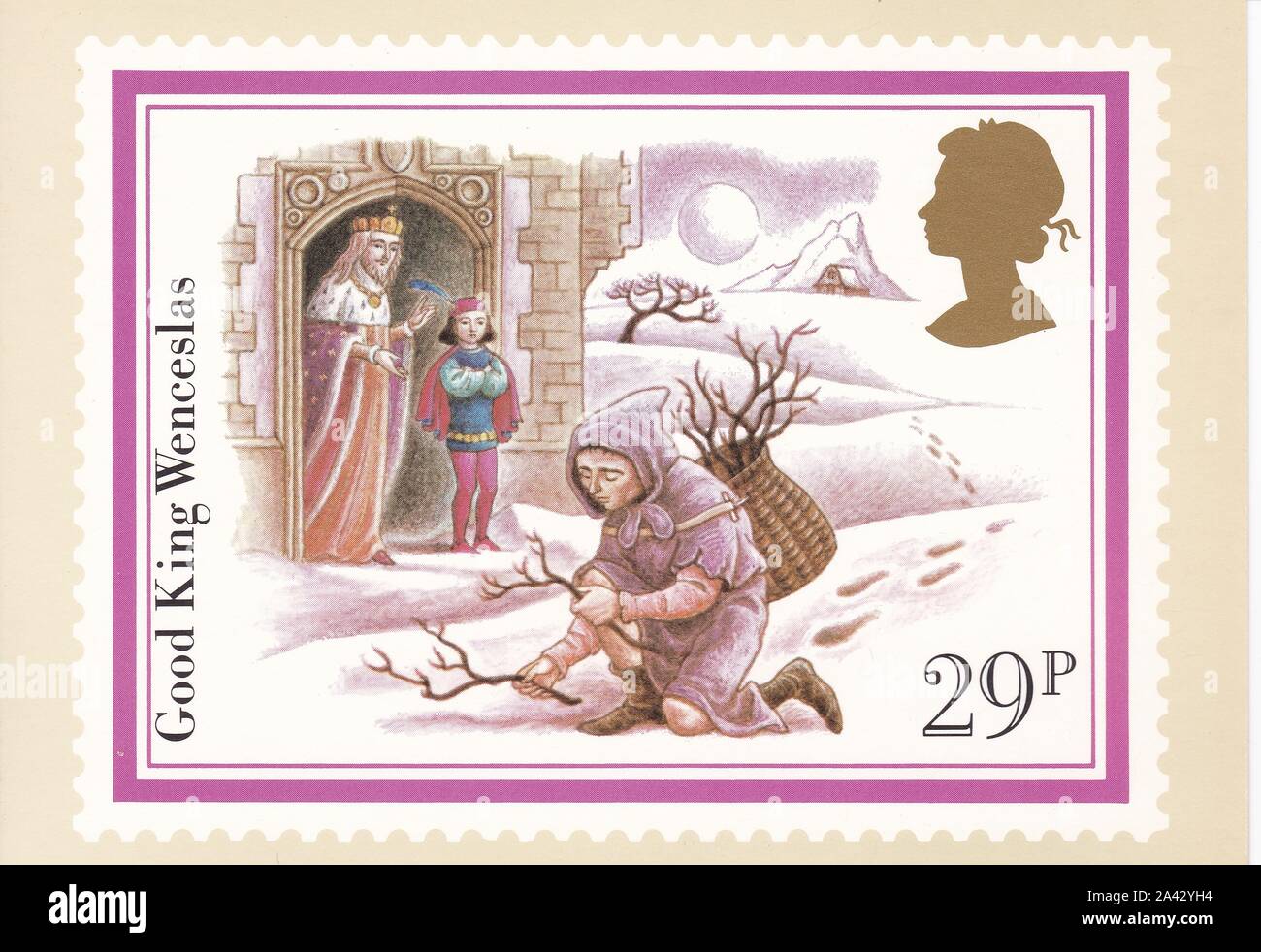 Farbe Royal Mail Postkarte von 29p-stamp Good King Wenceslas - Weihnachten 1982. Stockfoto