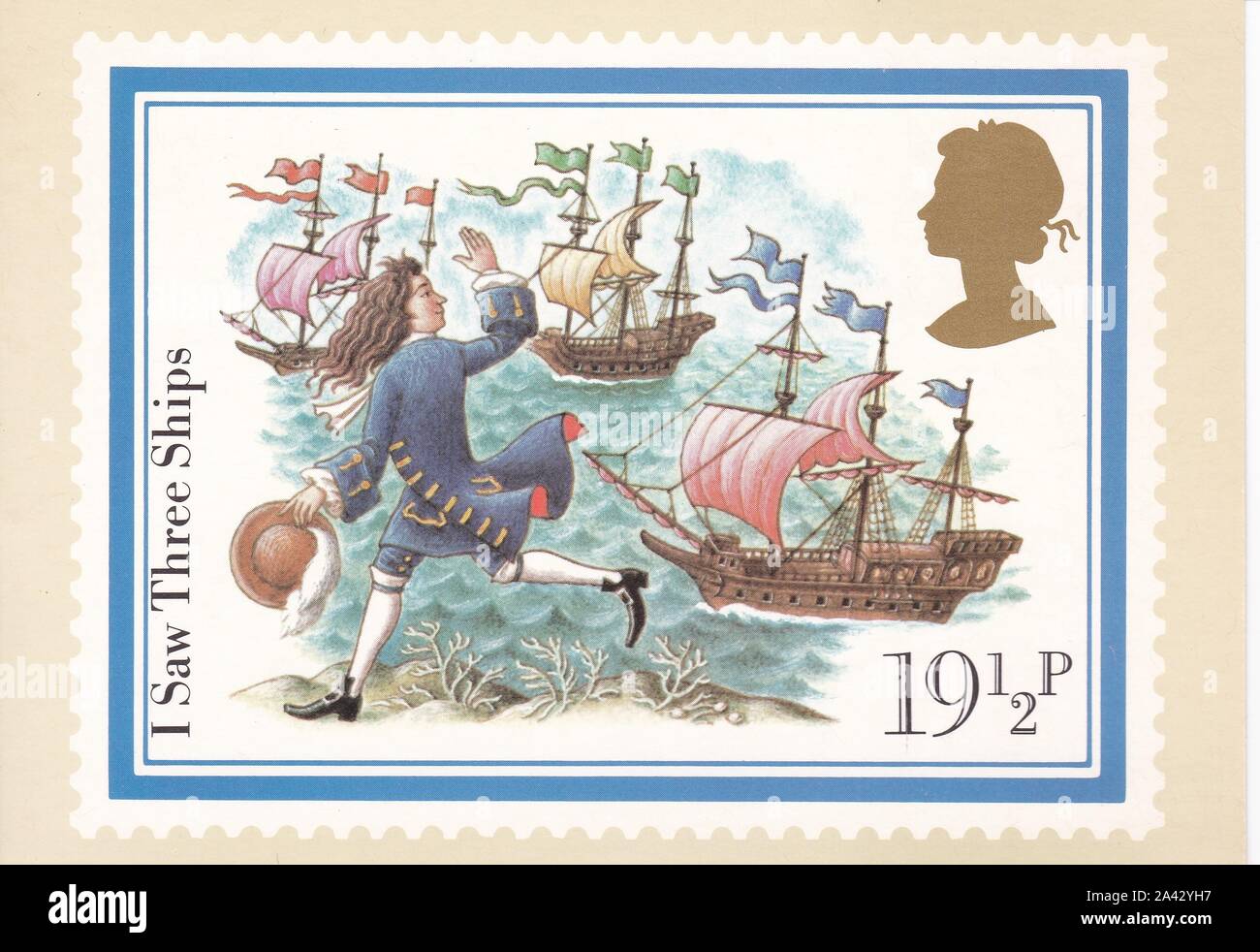 Farbe Royal Mail Postkarte von 19,5 p stempel ich sah drei Schiffe - Weihnachten 1982. Stockfoto