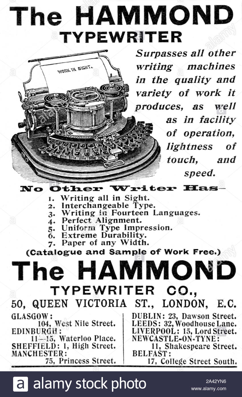 Der viktorianischen Ära, Hammond Schreibmaschine, Vintage Werbung von 1897 Stockfoto