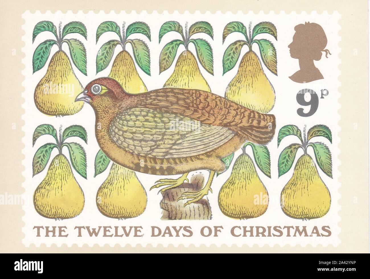 Farbe Royal Mail Postkarte von 9p Stempel ein Rebhuhn in einem Pear Tree - der zwölf Tage von Weihnachten. Stockfoto