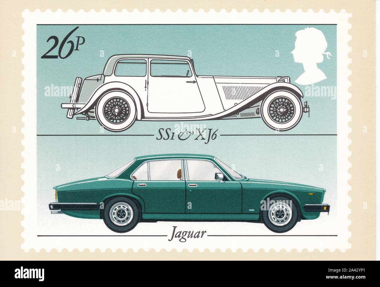Farbe Royal Mail Postkarte von 26p Stempel Jaguar SS1 & XJ6-britischen Autos 1982. Stockfoto