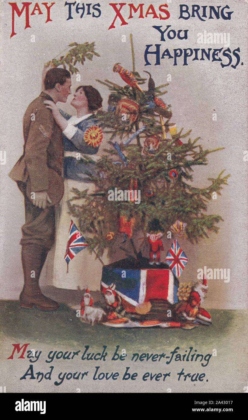 Vintage weihnachten Postkarte zeigt Mann in Uniform Frau Küssen unter dem Mistelzweig. Mann in den Krieg. Patriotisch. 1900. Stockfoto