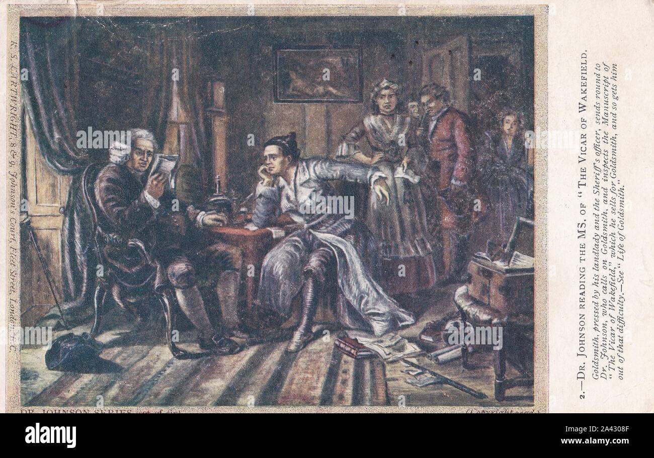 Vintage Farbe Postkarte von Dr. Johnson Lesen der MS Manuskript "Der Vikar von Wakefield". Samuel Johnson, 1709 - 1784. Stockfoto
