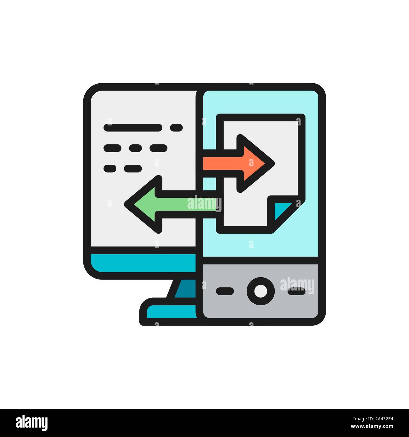 Gerät Daten übertragen, Datei Synchronisation flachbild Color Line Symbol. Stock Vektor