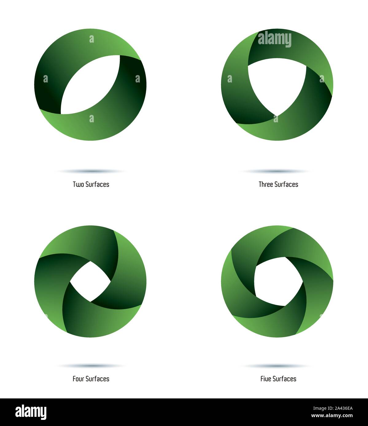 Runde grüne Vektor Logo Design Elemente mit 2 bis 5 Oberflächen und Farbtönen. Leicht zu bearbeiten mit globalen Farbmuster. Stock Vektor