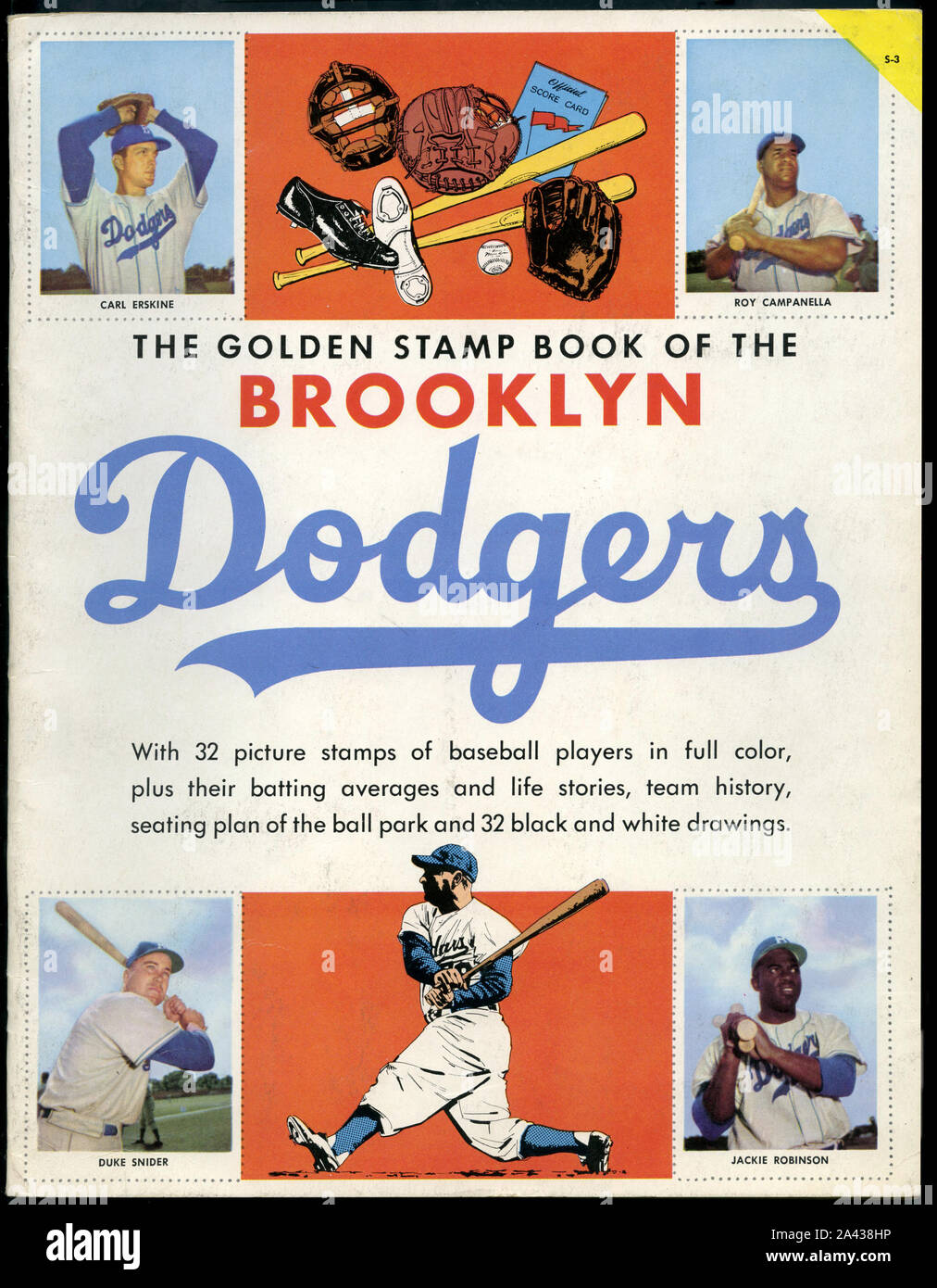 Vintage 1950s Era Brooklyn Schwindler Stempel Buch Album ist ein Buch mit Briefmarken mit der Darstellung der großen Dodger Spieler einschließlich Jackie Robinson. Stockfoto