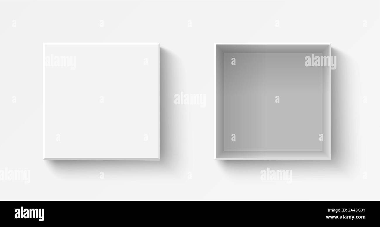 Weißes Quadrat, Ansicht von oben. Öffnen und schließen Sie geschenkboxen. Container mockup. Realistisches Papier Schuhkarton. Leeren Karton. Vektor vorhanden. Stock Vektor