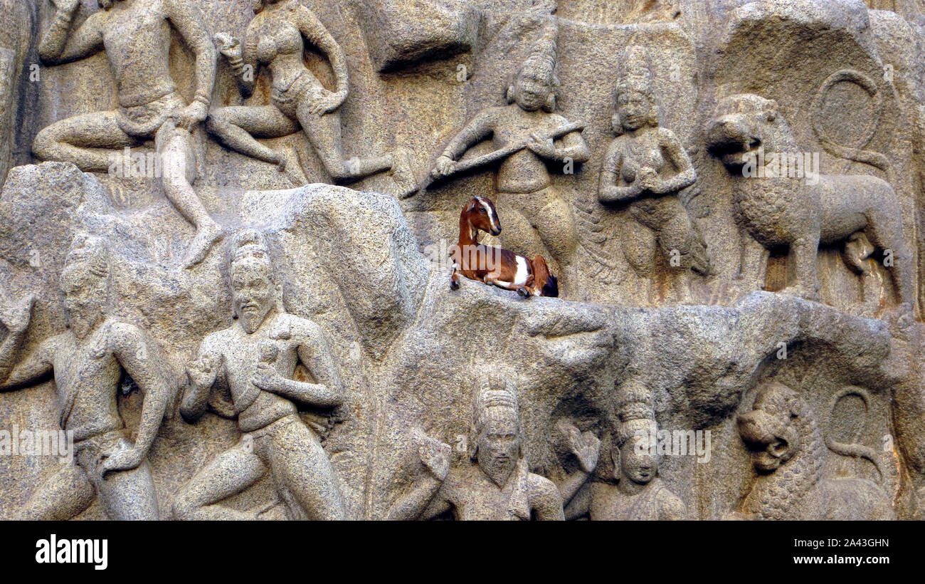 Religiöse Denkmal in Mamallapuram, Kancheepuram District des Bundesstaates Tamil Nadu, Indien Stockfoto