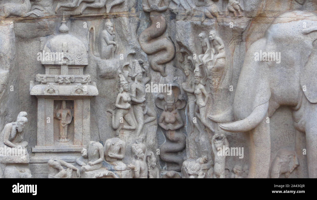 Abstieg des Ganges ist ein Denkmal an Mamallapuram, Kancheepuram District des Bundesstaates Tamil Nadu, Indien Stockfoto