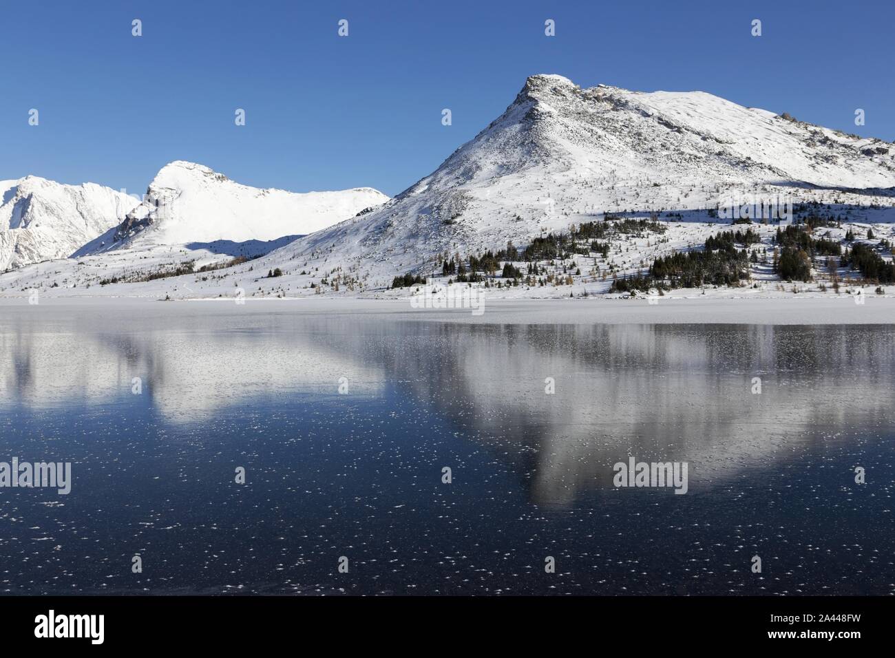 Reflexion der verschneite Berggipfel in gefrorenen See Eis, Banff National Park, sonnigen Wintertag Landschaft der Kanadischen Rockies Alberta Kanada Stockfoto