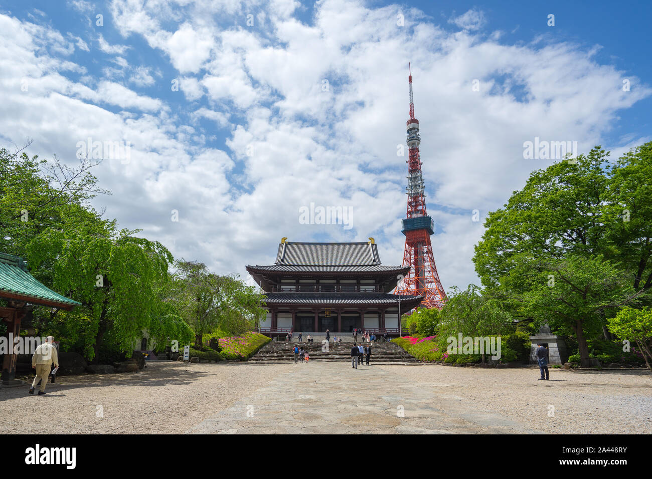 Tokyo Tower mit Zojoji Tempel die berühmten Orte in Tokio, Japan. Stockfoto