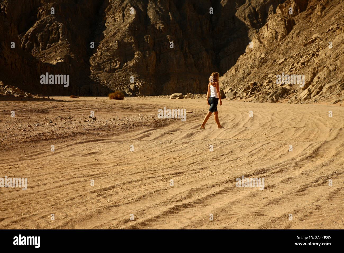 Blond weiblich Modell Wandern in der Wüste Sand Stockfoto