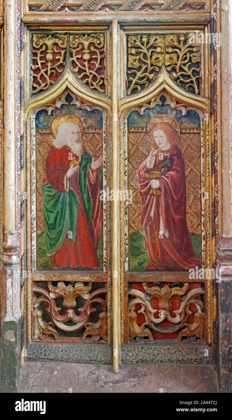 Panel Detail von der Nordseite Chor in der Pfarrkirche St. Maria in Worstead, Norfolk, England, Vereinigtes Königreich, Europa. Stockfoto