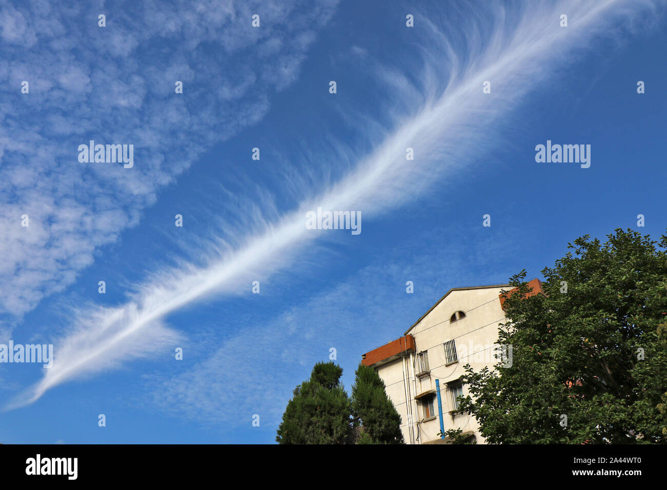 Feder - geformte Wolke über den Himmel in Ningbo City, der ostchinesischen Provinz Jiangsu, 24. August 2019 gesehen. Stockfoto