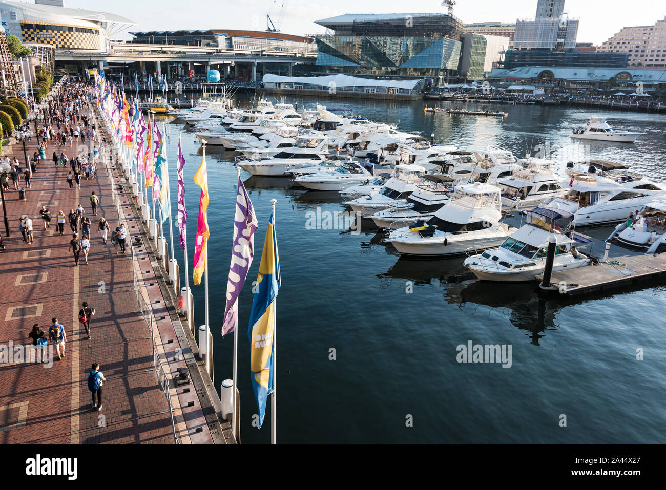 Sydney, Australien - Mar 26, 2016: Luftaufnahme von Darling Harbour und Cockle Bay Wharf und Pyrmont. Touristen und Einheimische genießen Sie einen sonnigen Abend in Sydney Stockfoto