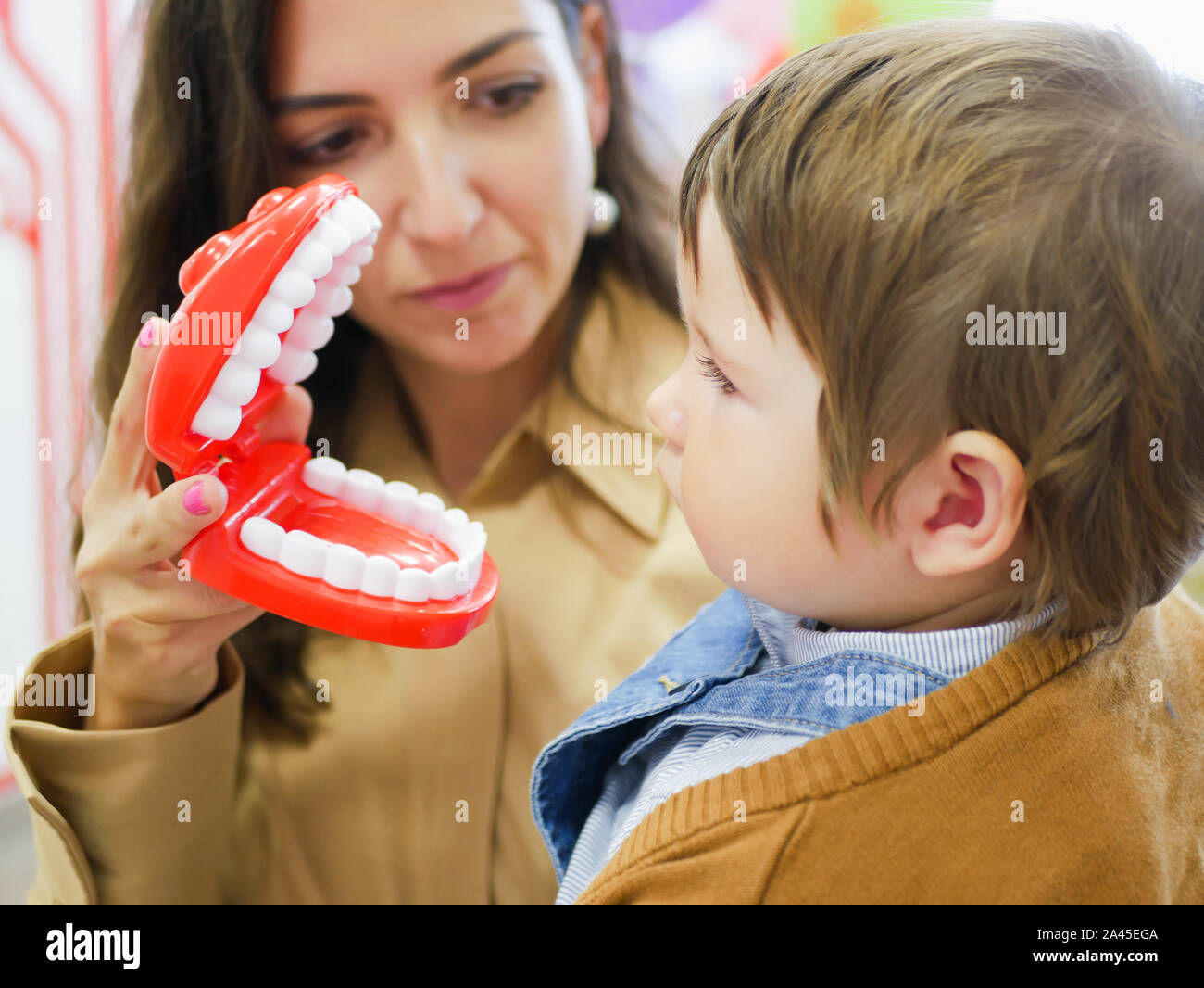 Layout des menschlichen Kiefers. Kiefer Spielzeug. Layout der Kiefer zu Studenten der Zahnmedizin zu demonstrieren. Mama zeigt den Kiefer auf das Kind. Stockfoto