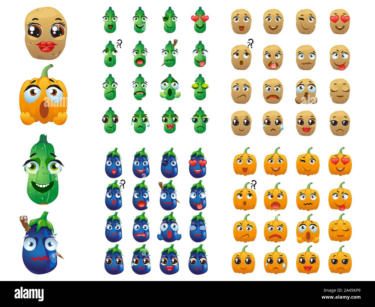 Satz von Gemüse. Emoji Emoticon Ausdruck. Kartoffeln, Kürbis, Auberginen, Zucchini Stock Vektor