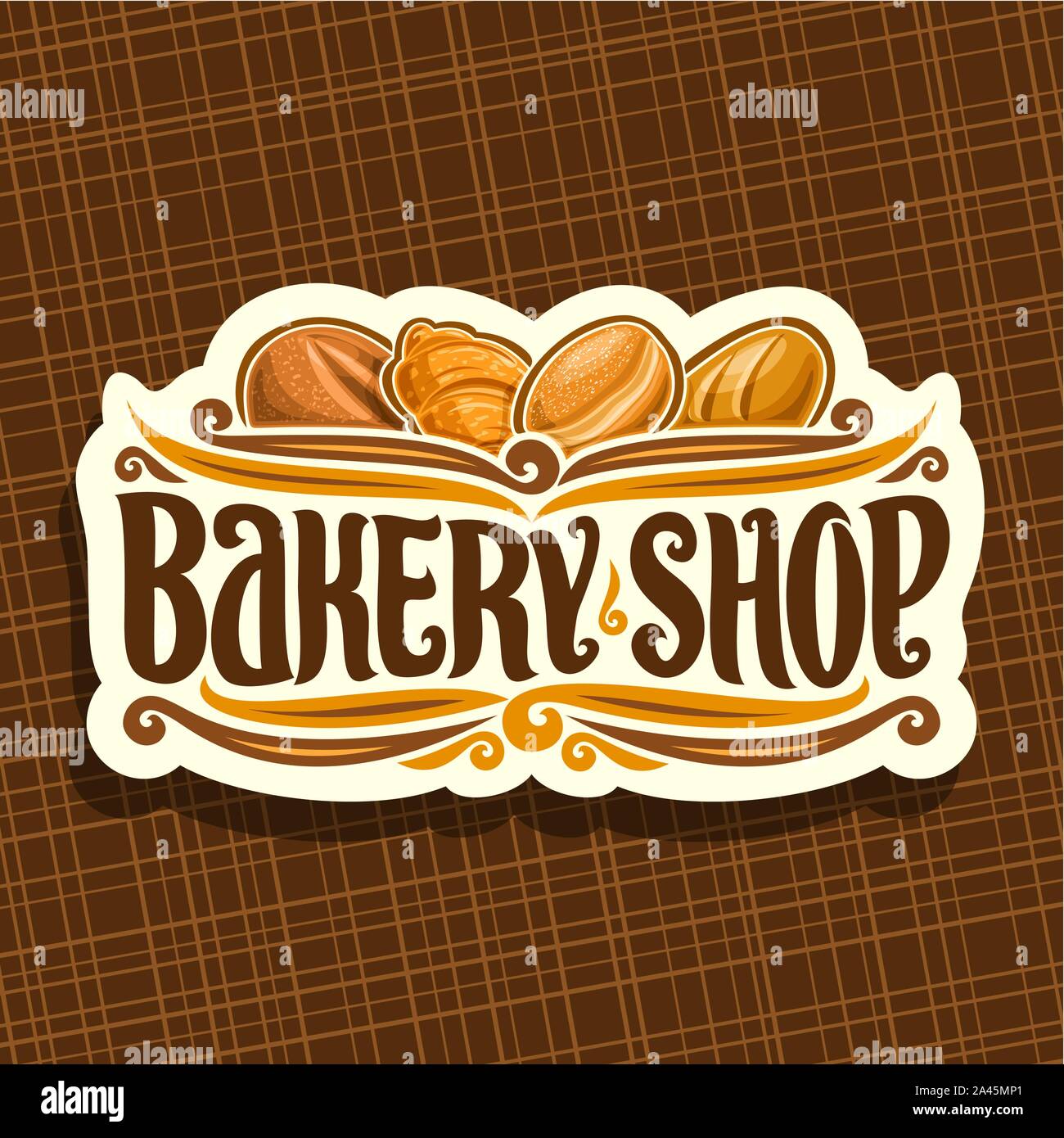 Vektor logo für Bäckerei, auf Namensschild ursprünglichen Bürste Schriftart für Titel Bäckerei, Brot getreide Brot, Croissant, deutsche Krapfen oder Berliner Stock Vektor