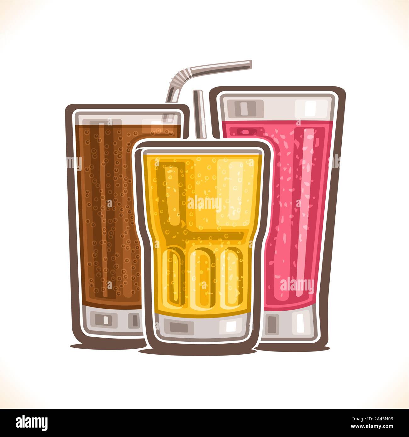 Vector Illustration von erfrischenden Getränken, Poster mit Kohlensäure Cola, frische rosa Himbeeren Orangensaft mit Fruchtfleisch und gelbe Zitrone fizzy Getränke in Glas mit Stock Vektor