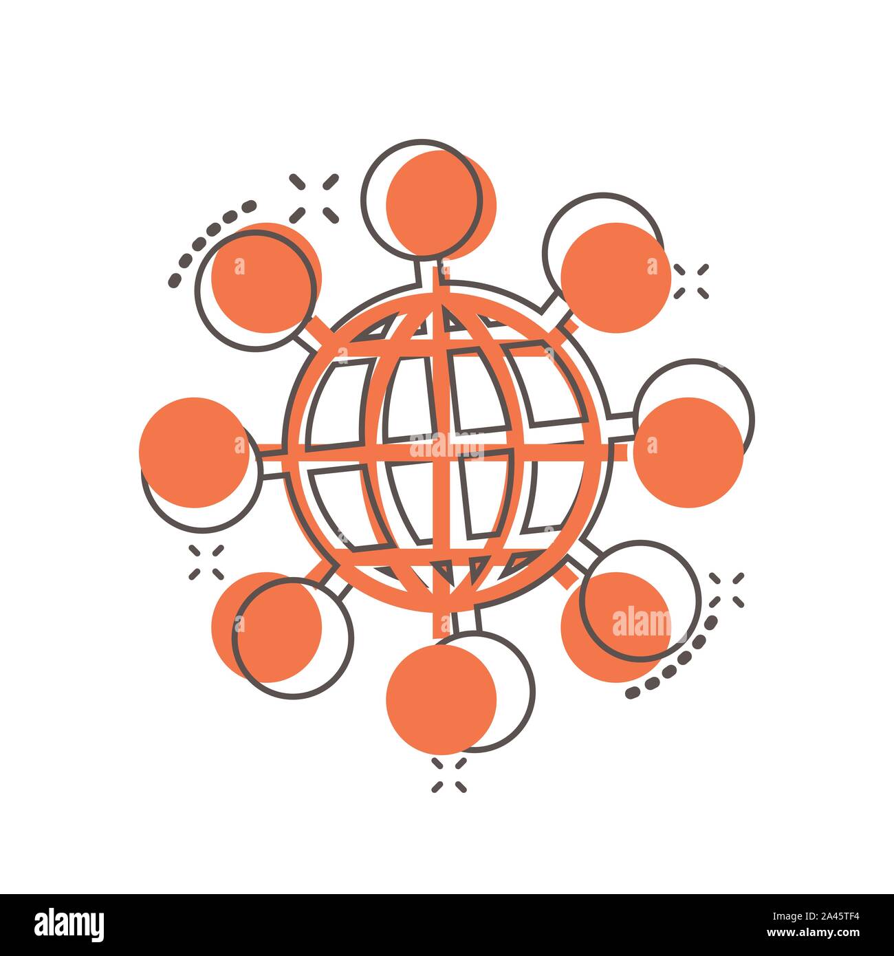 Vektor cartoon sharing Globussymbol im Comic-stil. Digitale Konzept Abbildung Piktogramm anschließen. Teamarbeit Kommunikation business splash Wirkung anhand von quantitativen Simulatio Stock Vektor