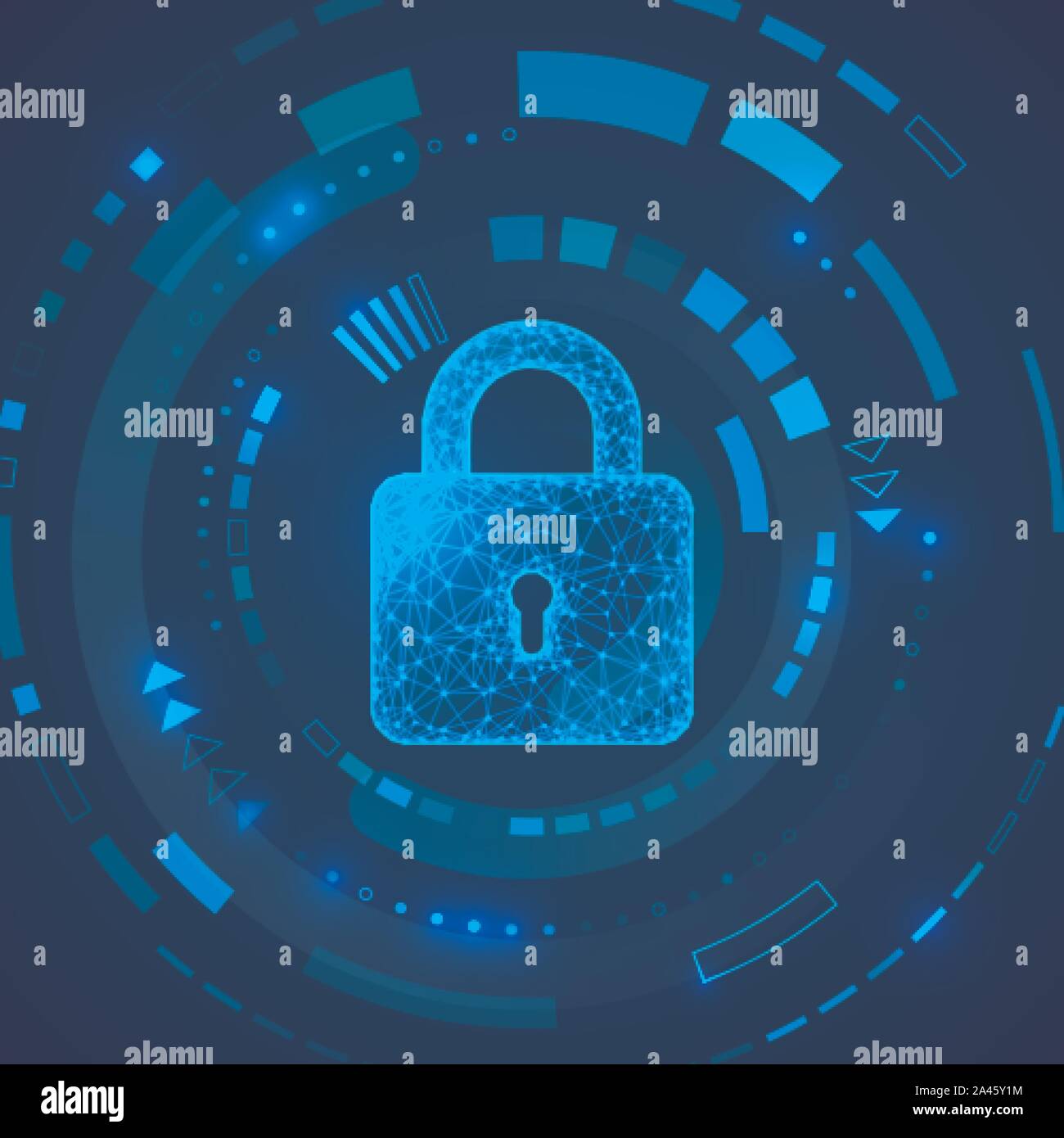 Vorhängeschloss auf Technologie Hintergrund. Schutz Konzept der digitalen und der Technologie. System die Privatsphäre. Schutz persönlicher Daten. Vector Illustration Stock Vektor