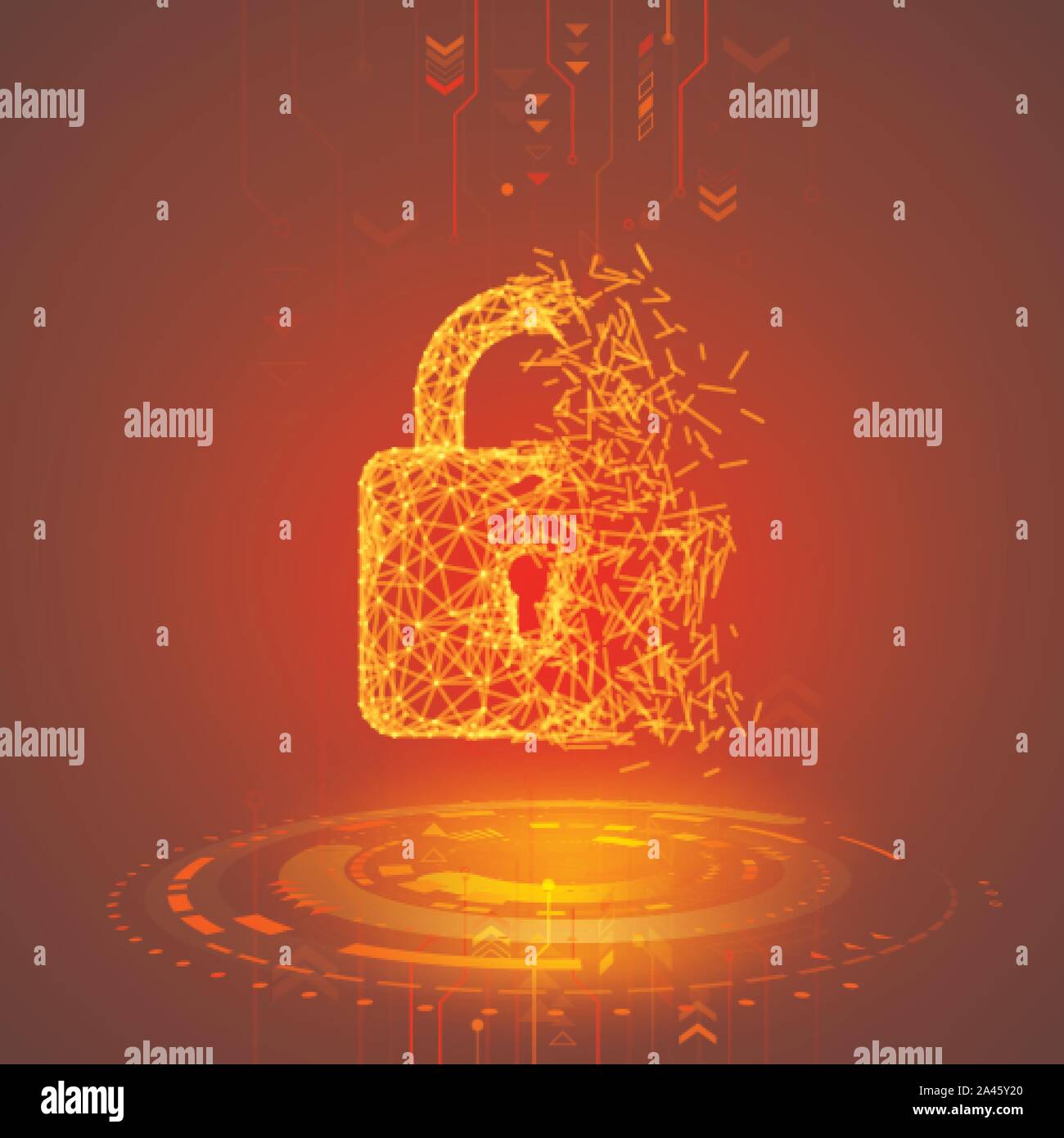 Hacking Programm oder Netzwerk. Gebrochene Schloss auf dem roten Technologie Hintergrund. Antivirus Security System. Computer Virus angreifen. Vector Illustration Stock Vektor