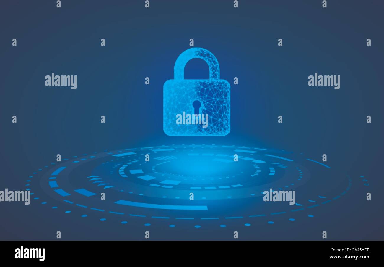 Cyber Security Konzept. Geschlossen digitale Vorhängeschloss auf der künftigen technologischen Hintergrund. Online Datenschutz. Vector Illustration Stock Vektor