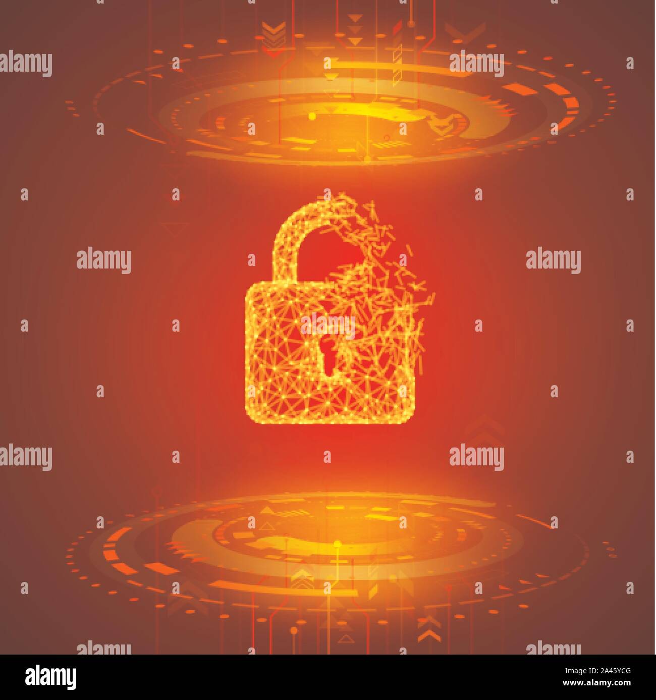 Hacking Programm oder Netzwerk. Gebrochene Schloss auf dem roten Technologie Hintergrund. Warnmeldung von Sicherheit System. Vektor Stock Vektor