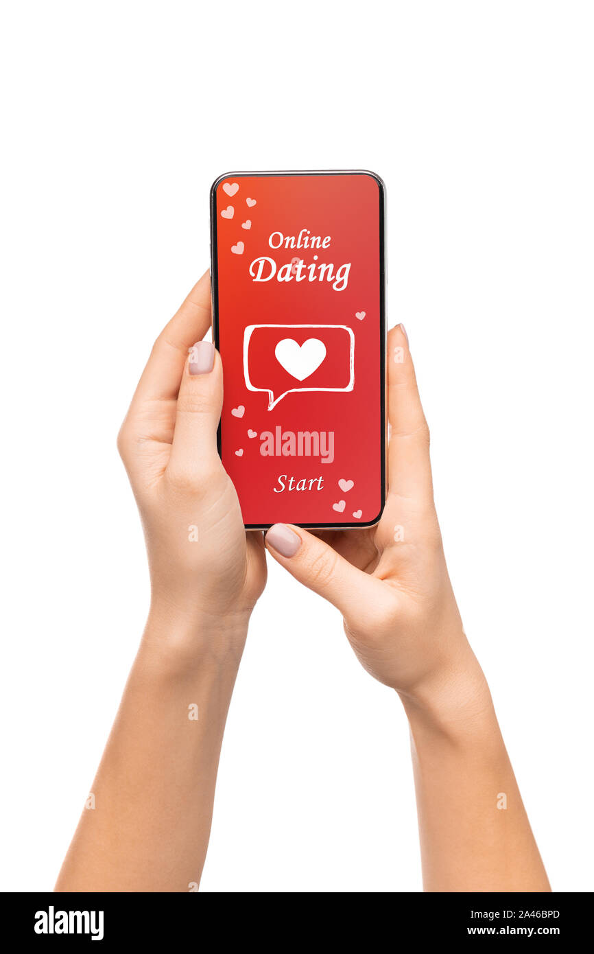 Dating-App geöffnet Auf modernen Smartphone in weiblicher Hand Stockfoto