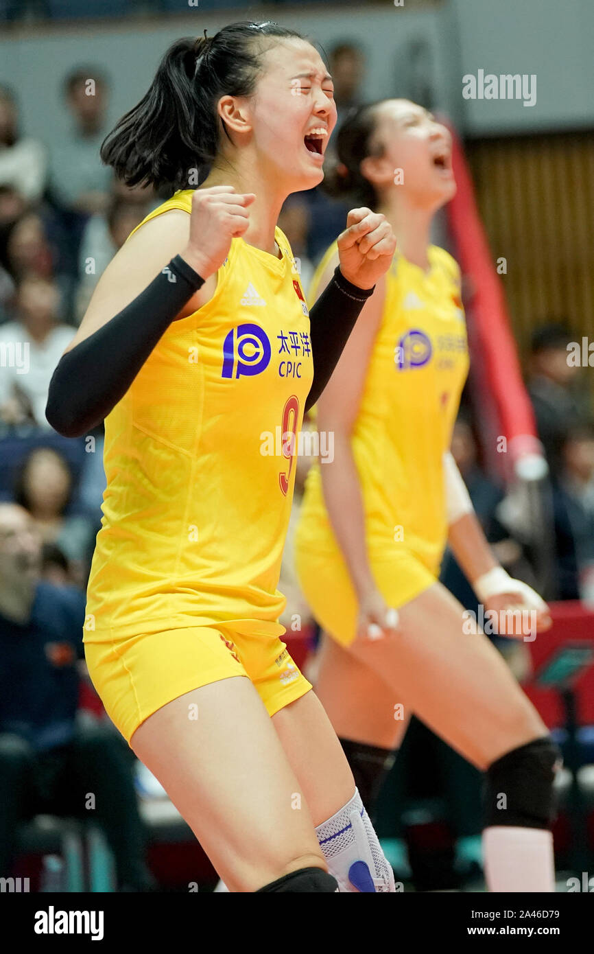 Zhang Changning von China schreit während der zweiten Runde 2019 FIVB Volleyball der Frauen-WM gegen die Vereinigten Staaten in Sap feiern Stockfoto